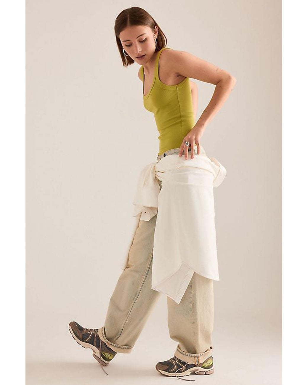 By Anthropologie Green Ribbed Scoop Tank Top