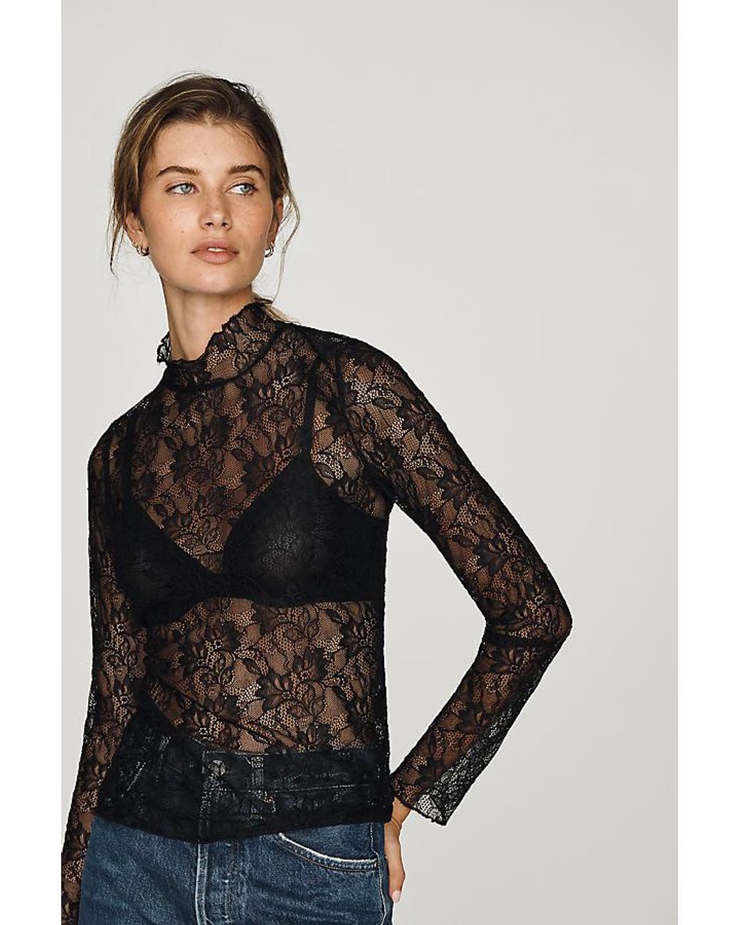 By Anthropologie Black Lace Layering Turtleneck Top