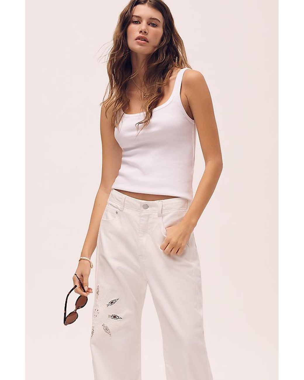 Pilcro Natural The Adi Mid-Rise Relaxed Wide-Leg Embroidered Jeans By