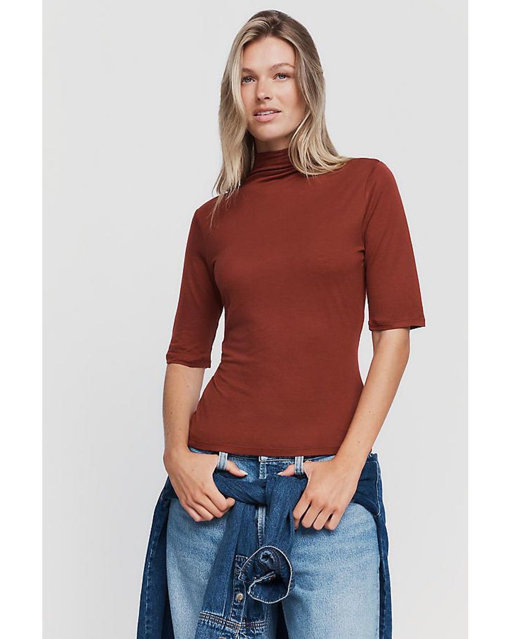 Pilcro Red Hartley Wool-Blend Tissue Weight Mock-Neck Top