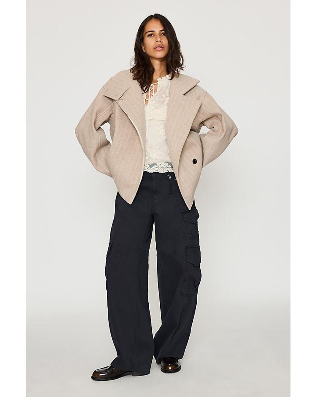 By Anthropologie Blue Funnel-Neck Stripe Wool-Blend Jacket