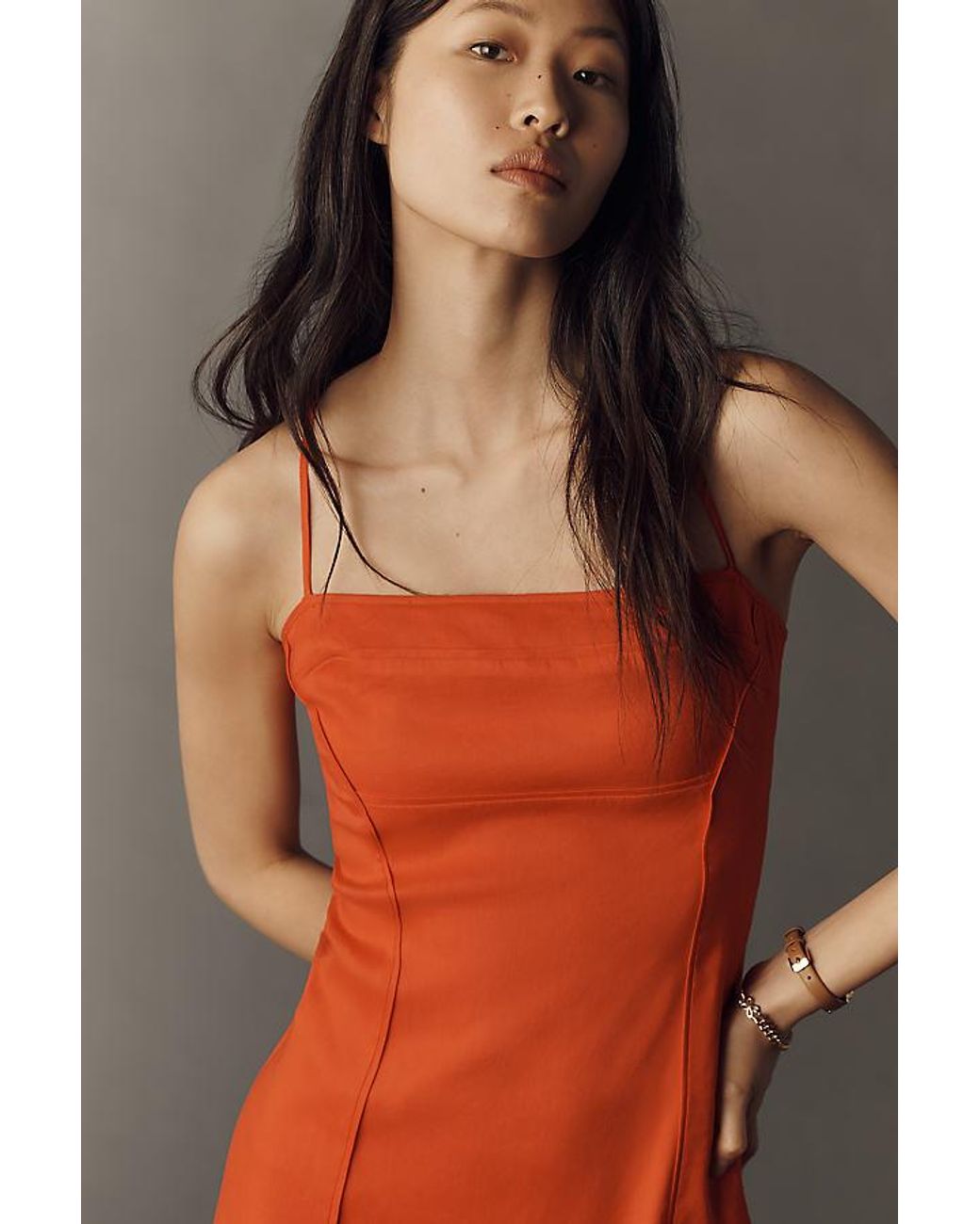 Maeve Red Linen-Blend Colourblock Midi Dress