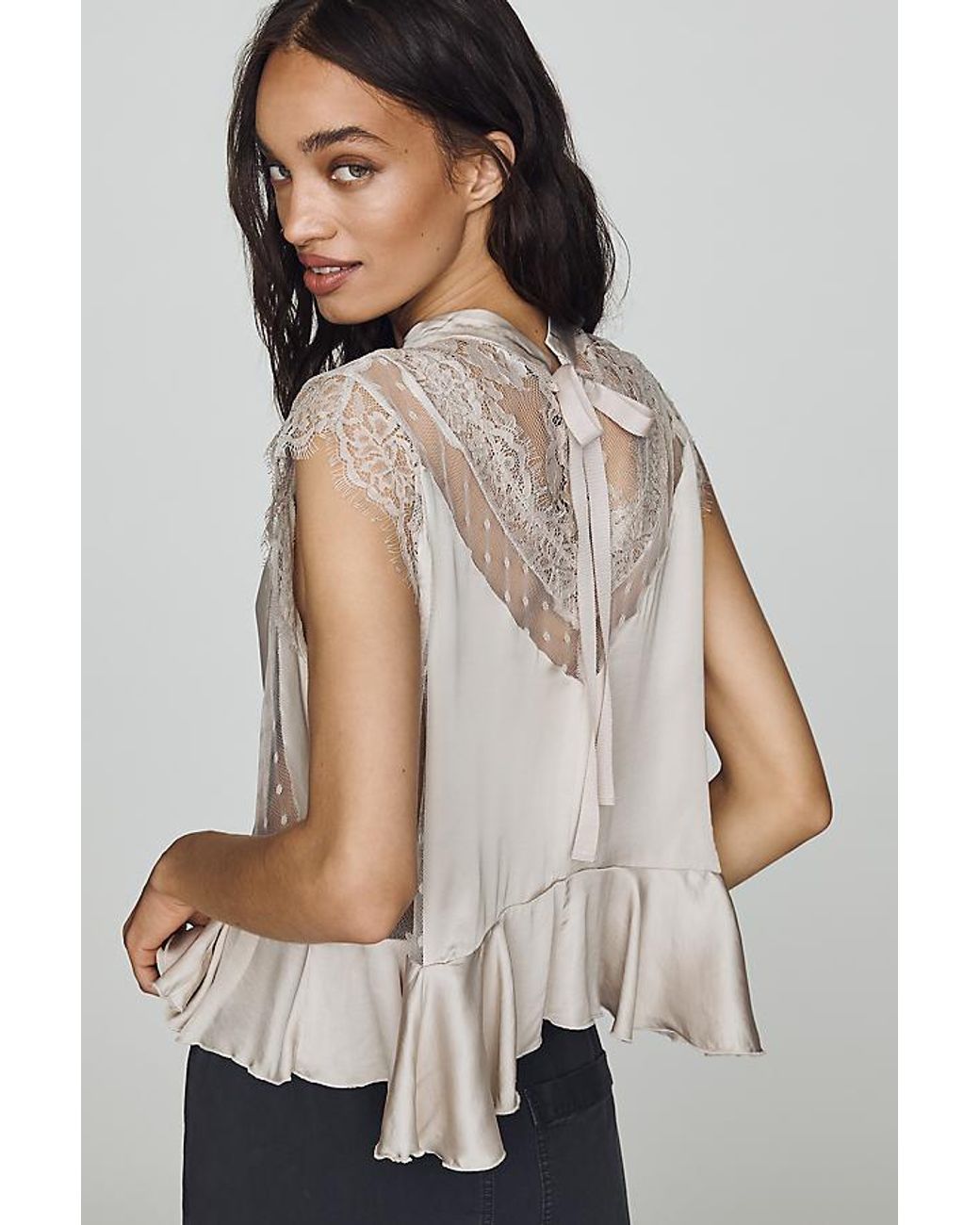 By Anthropologie Natural Harmony Sheer Lace Peplum Blouse
