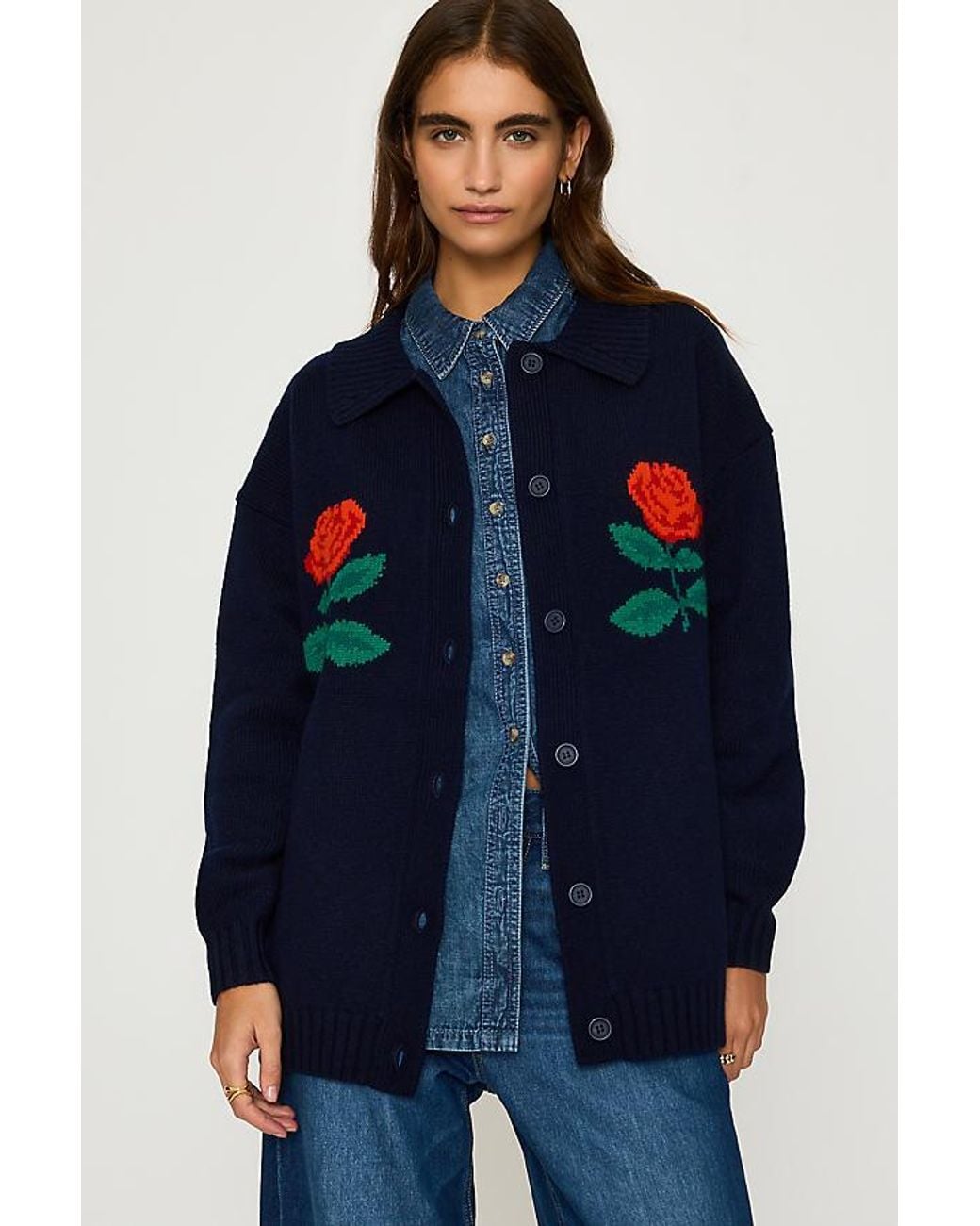 The Tiny Big Sister Blue Roses 100% Wool Oversized Cardigan