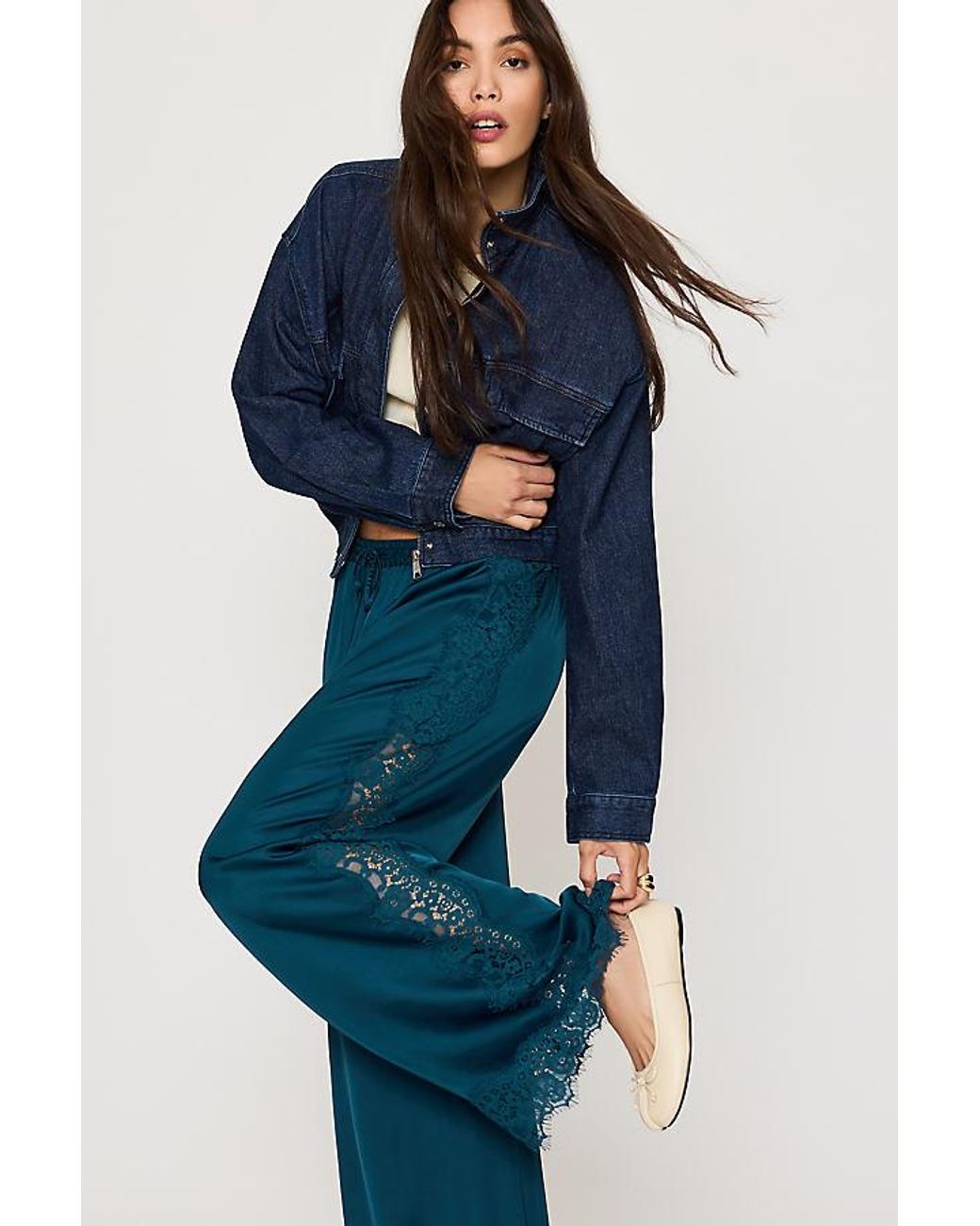By Anthropologie Blue Satin Lace Wide-Leg Trousers