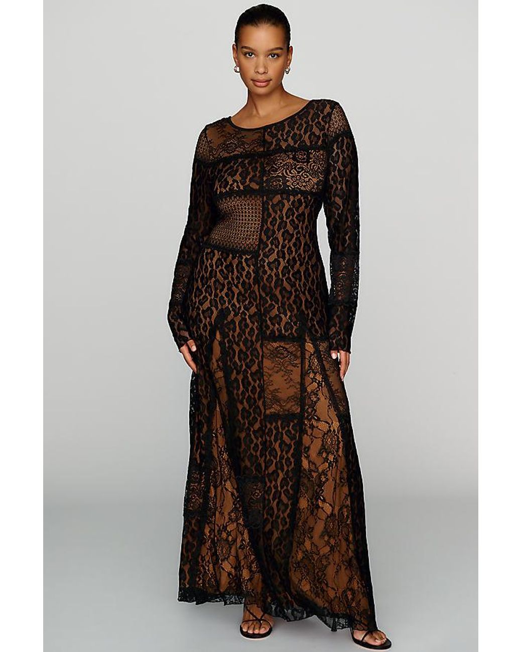 By Anthropologie Gray Long-Sleeve Mixed Lace Maxi Dress