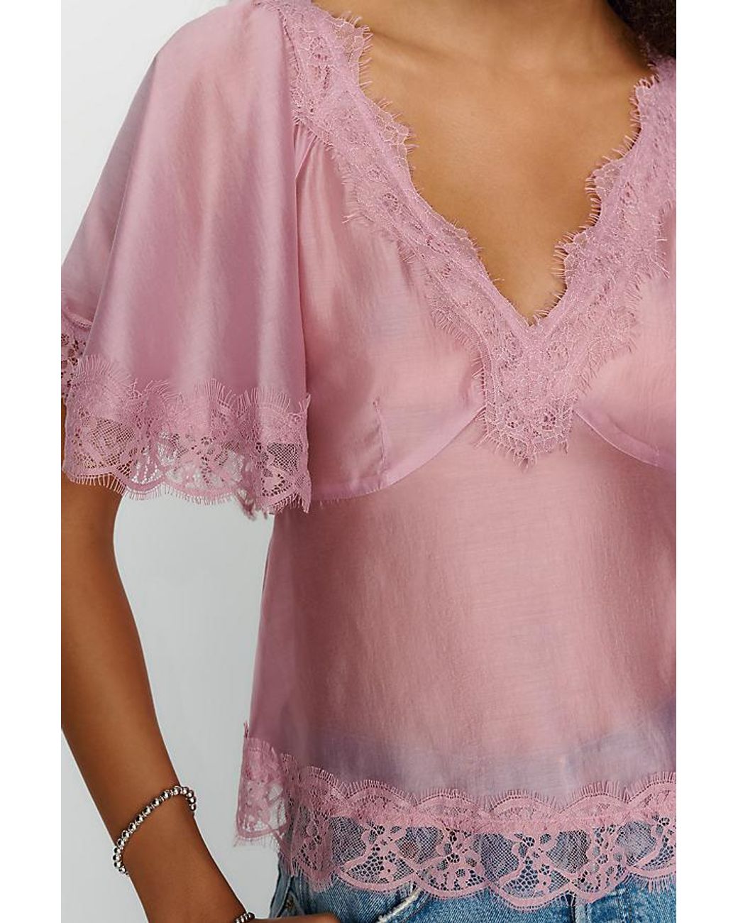 By Anthropologie Pink Silken Lace Blouse