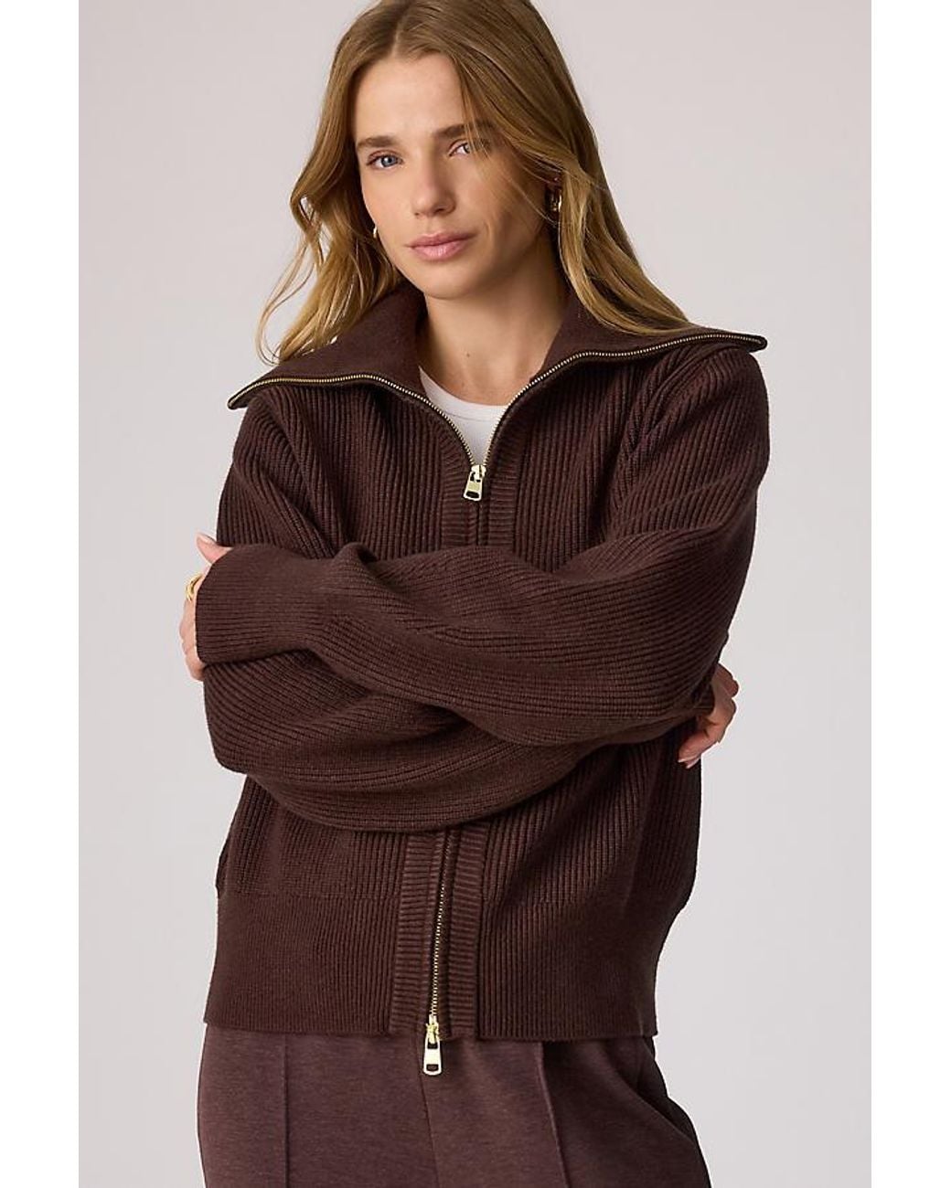 Varley Brown Enrico Zip-Front Knit Jacket
