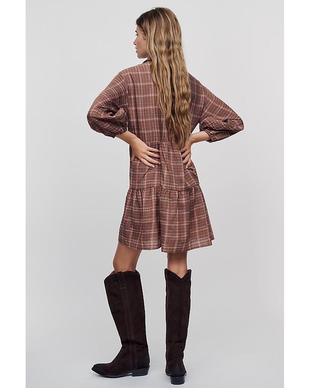 Maeve Brown The Bettina Tiered Plaid Mini Shirt Dress By