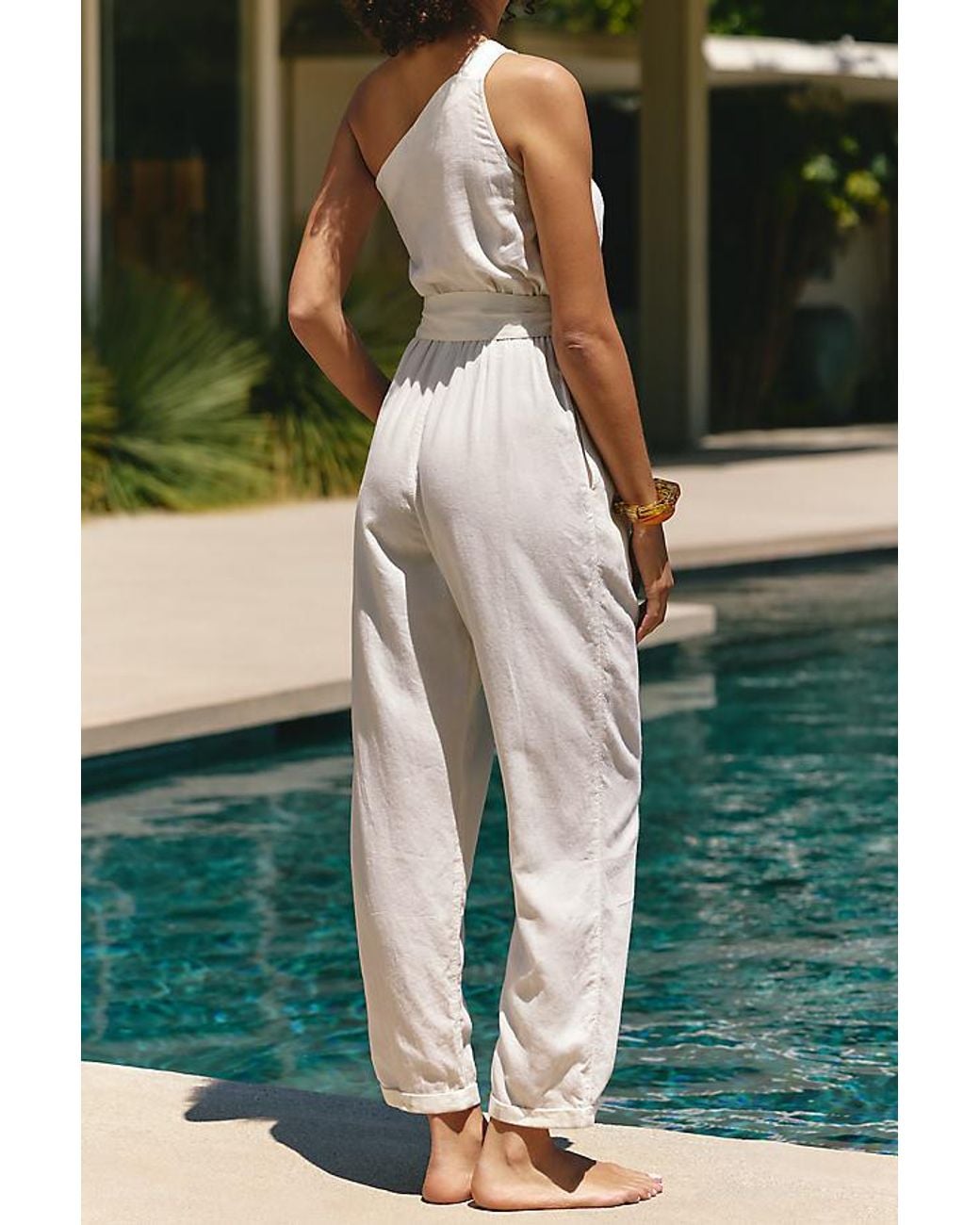 Celandine Green One-Shoulder Linen-Blend Jumpsuit