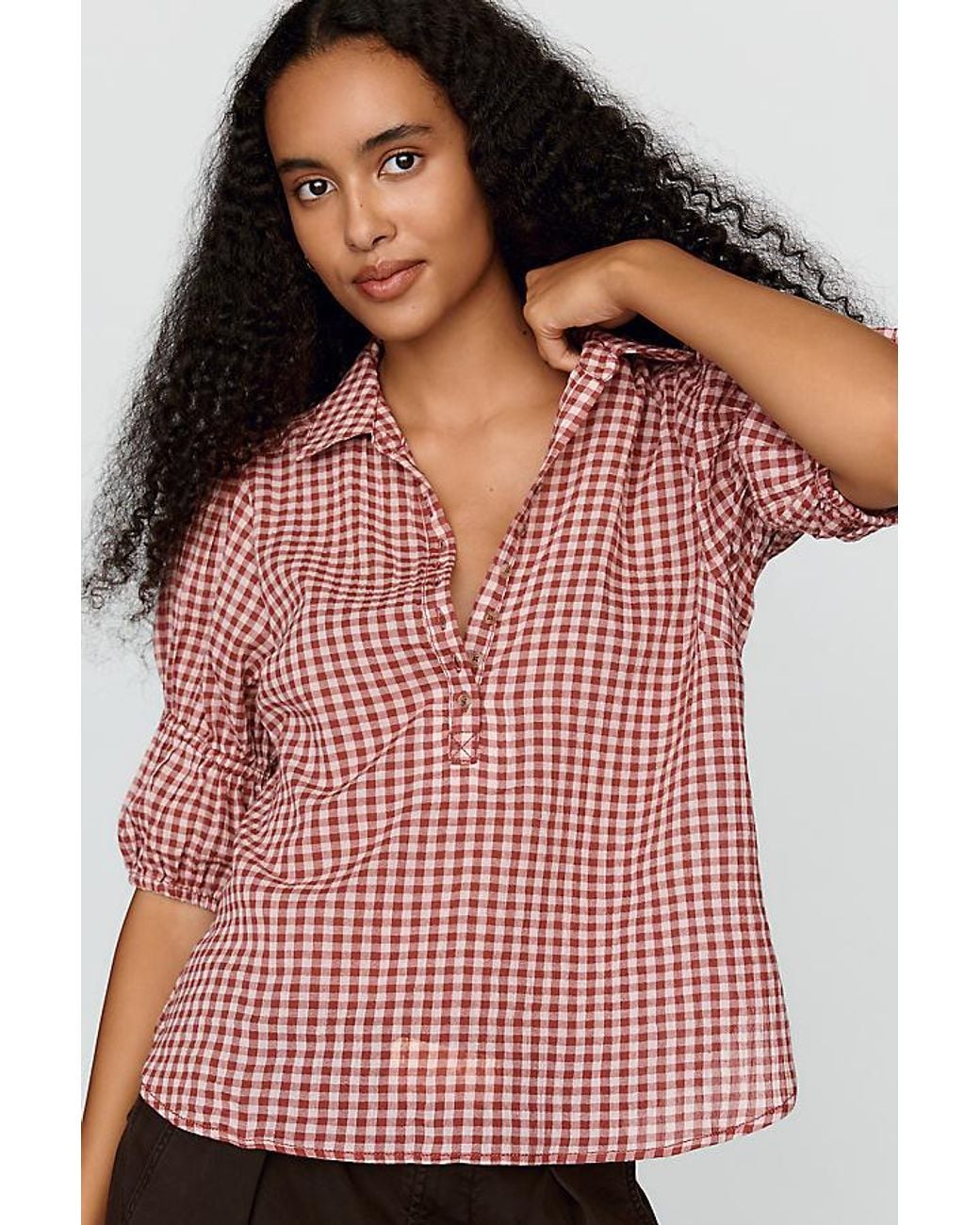Pilcro Red The Tallulah Puff-Sleeve Buttondown Top By