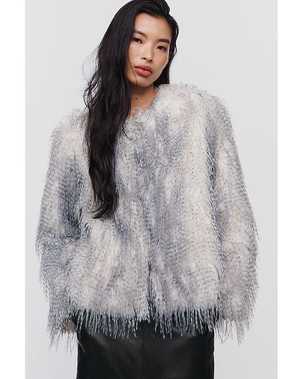 By Anthropologie Gray Shaggy Faux-Fur Jacket