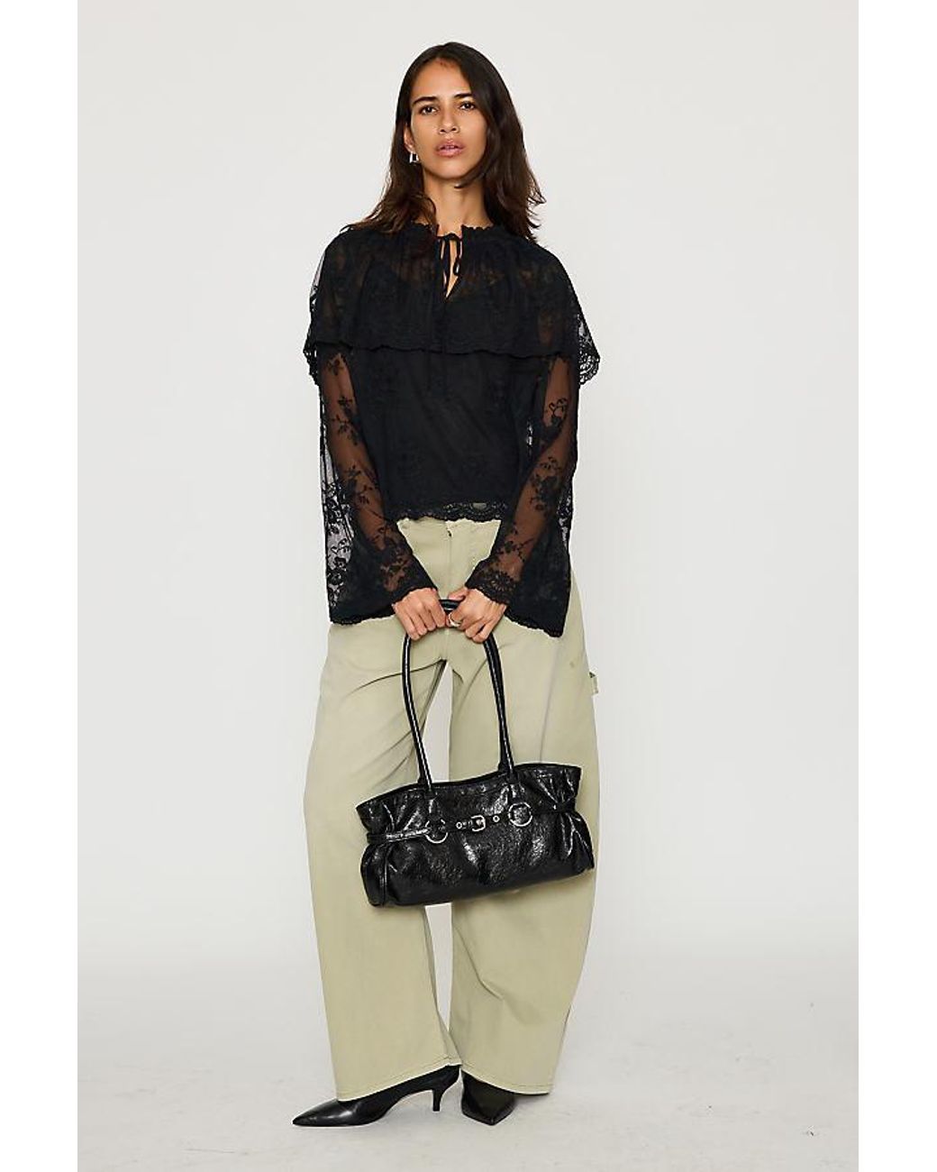 By Anthropologie Black Long-Sleeve Cape Lace Blouse