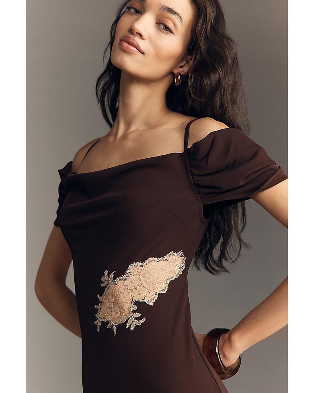 Bl-nk Black Satin Off-Shoulder Lace Midi Dress