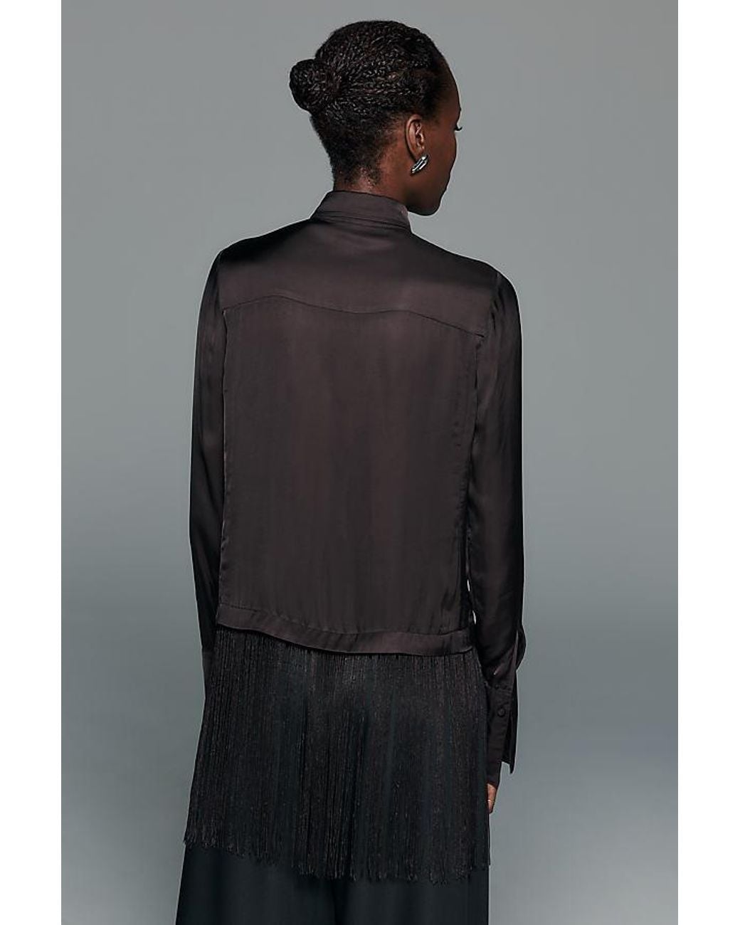 By Anthropologie Gray Satin Fringe-Hem Button-Front Blouse