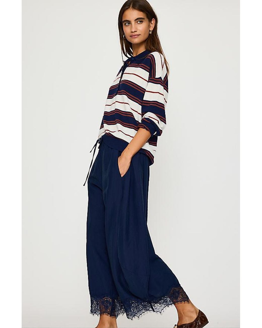 By Anthropologie Blue Reverie Cropped Lace-Hem Trousers