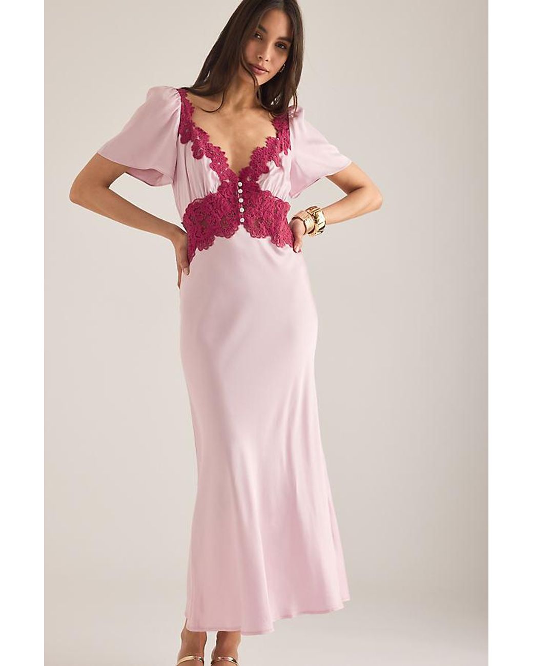 By Anthropologie Olivia Satin Lace Midi Dress in Pink | Lyst UK