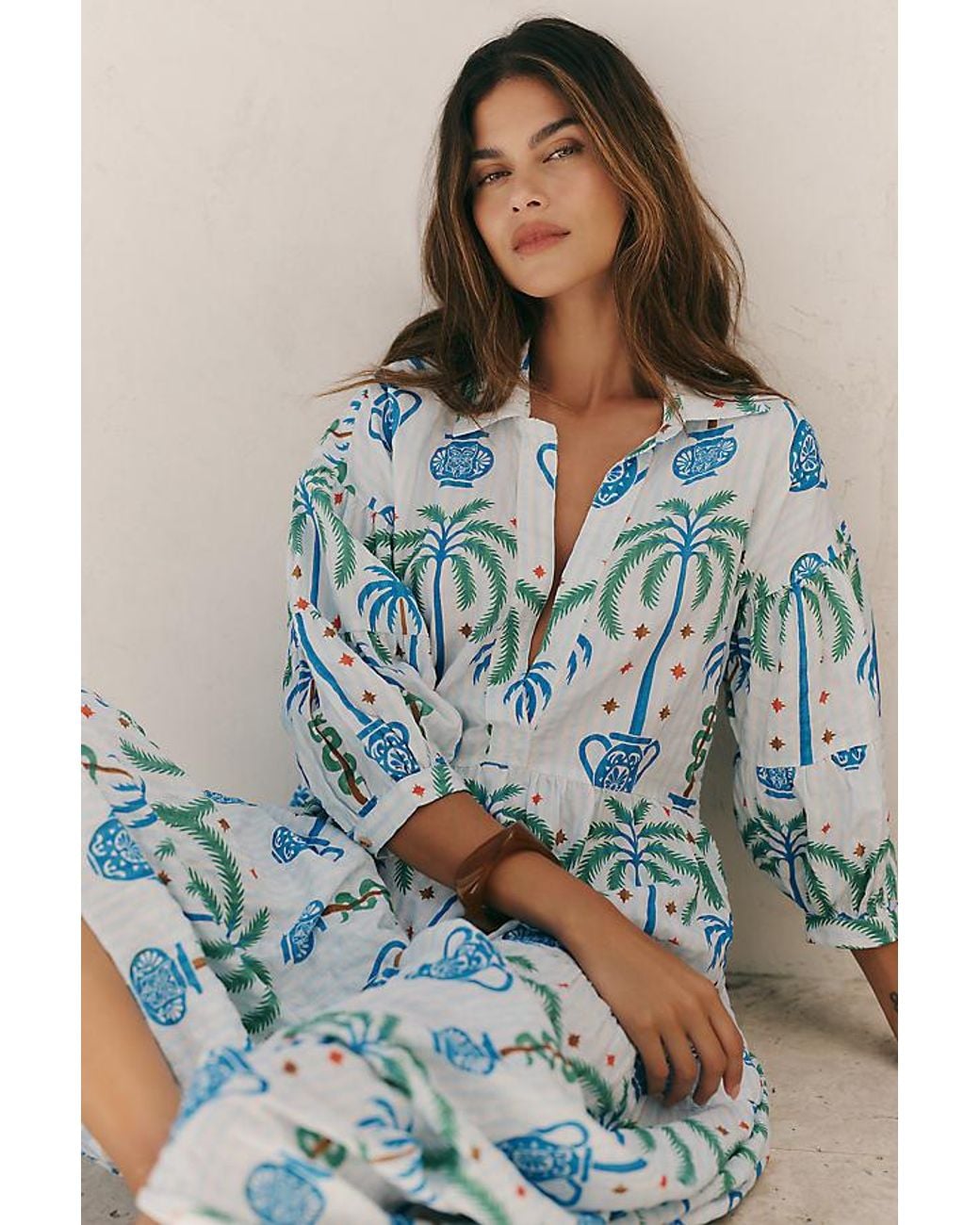 Celandine Blue X Tigre Carolita Tiered Shirt Dress