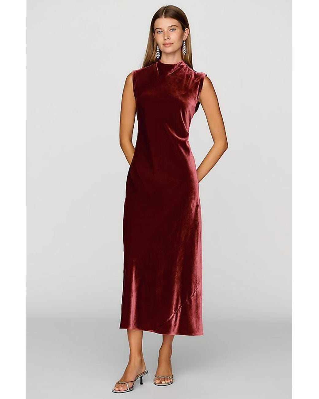 By Anthropologie Red Mock-Neck Velvet Midi Dress