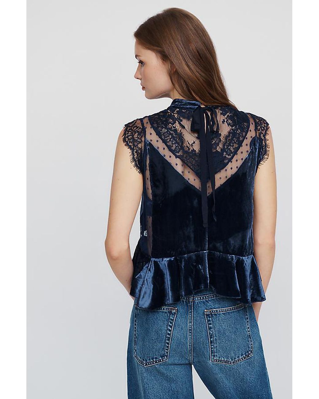 By Anthropologie Blue Harmony Velvet Lace Peplum Blouse