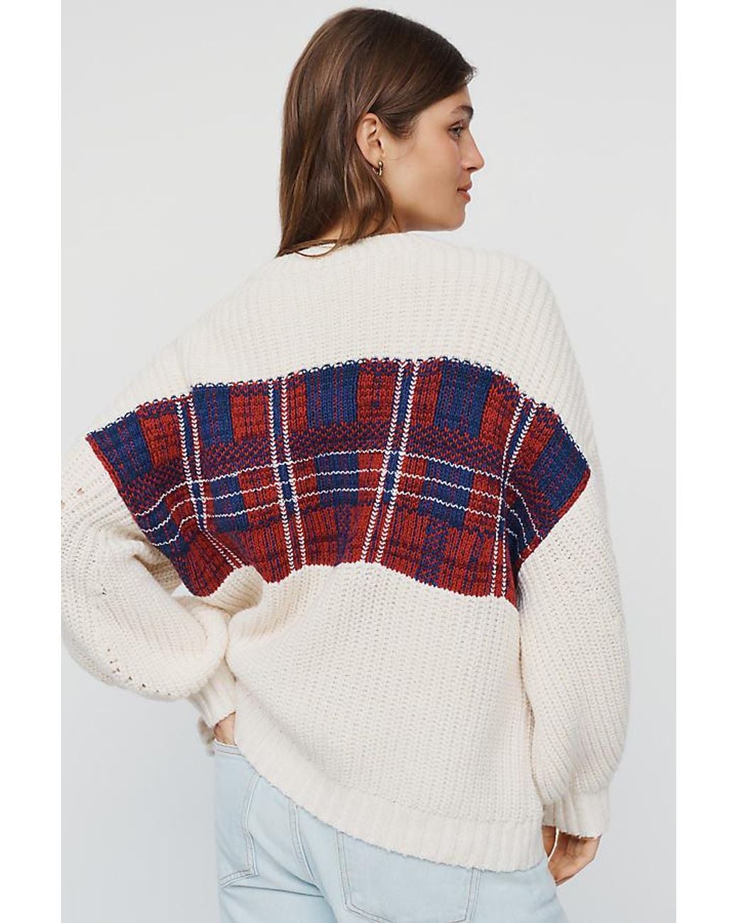 Maeve Gray Oversized Plaid Pointelle Cardigan