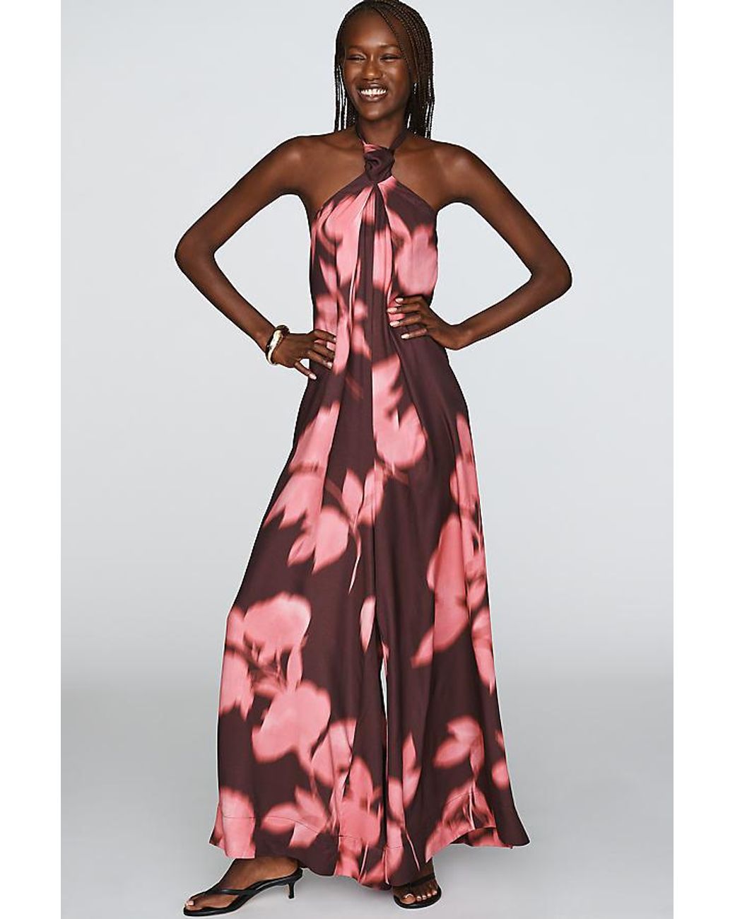 By Anthropologie Red Halter Wide-Leg Jumpsuit