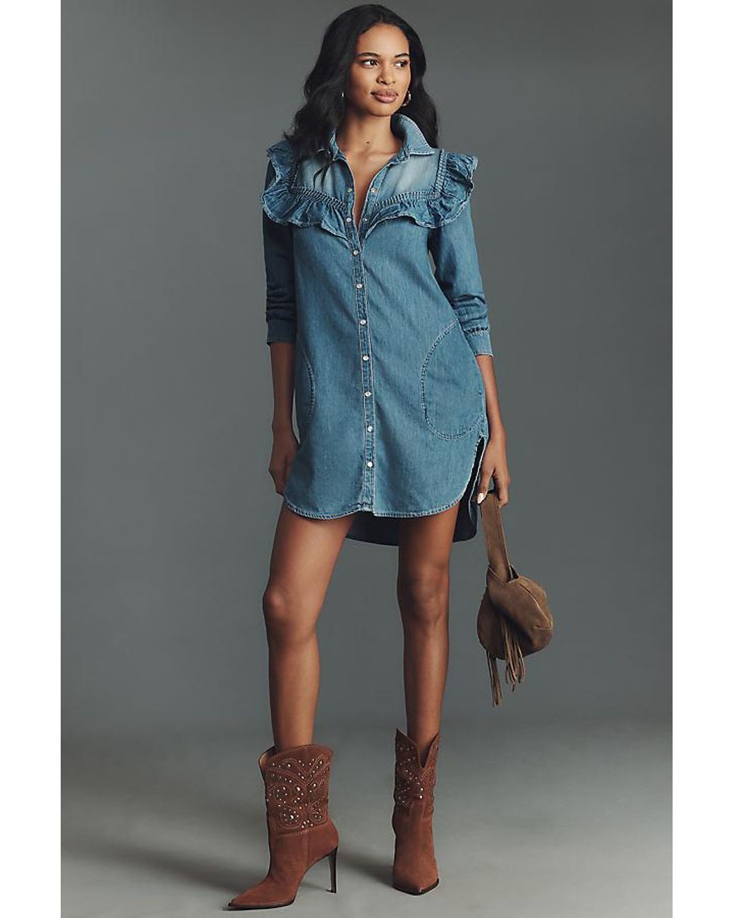 Pilcro Long-Sleeve Ruffled Denim Mini Shirt Dress in Blue | Lyst UK