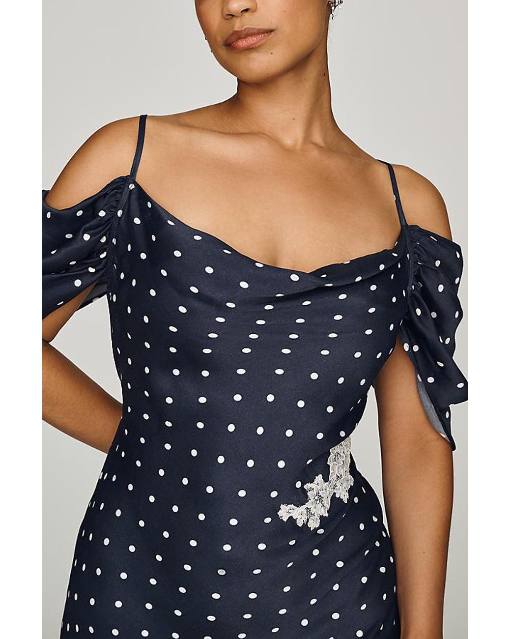 Bl-nk Blue Regina Polka Dot Lace-Trim Midi Slip Dress