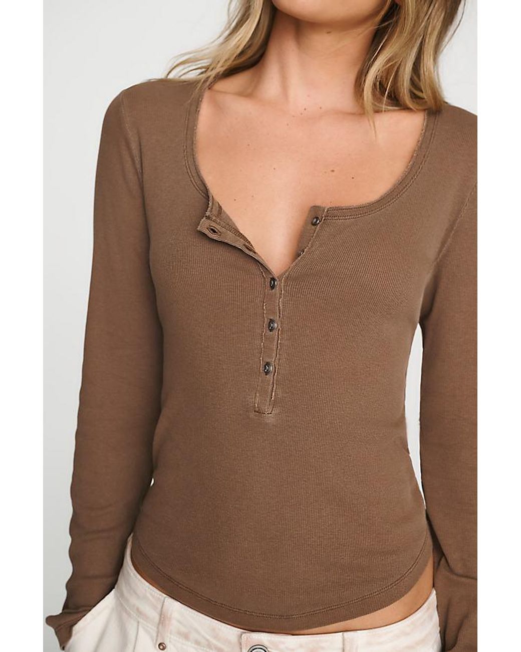 Pilcro Brown Ribbed Long-Sleeve Henley Top