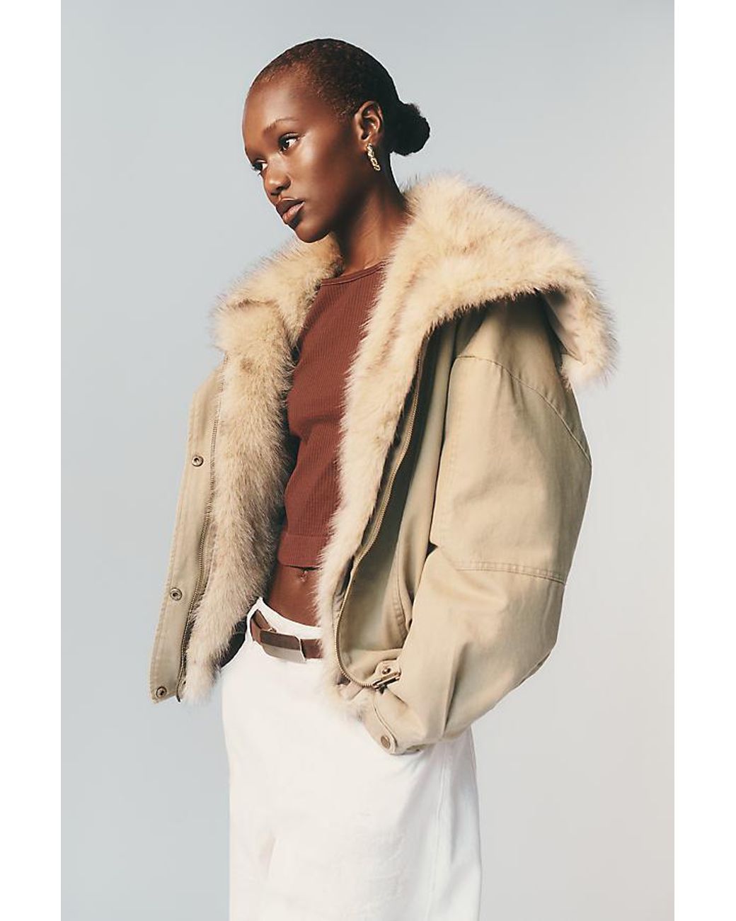 Pilcro Natural Faux-Fur Lined Denim Bomber Jacket