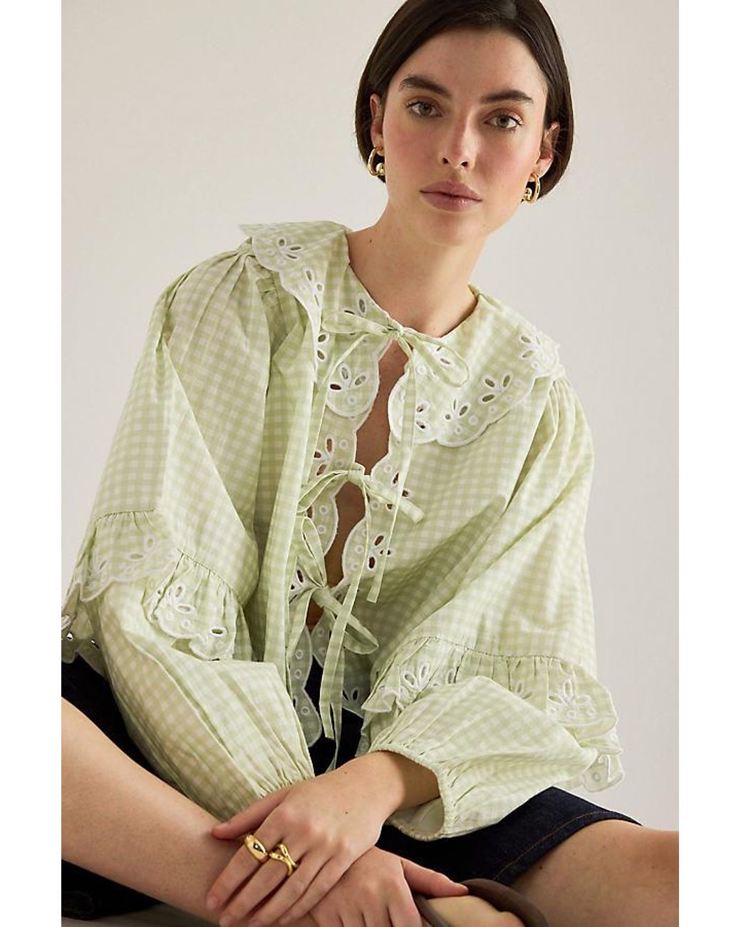 By Anthropologie Natural Gingham Tie-Front Blouse