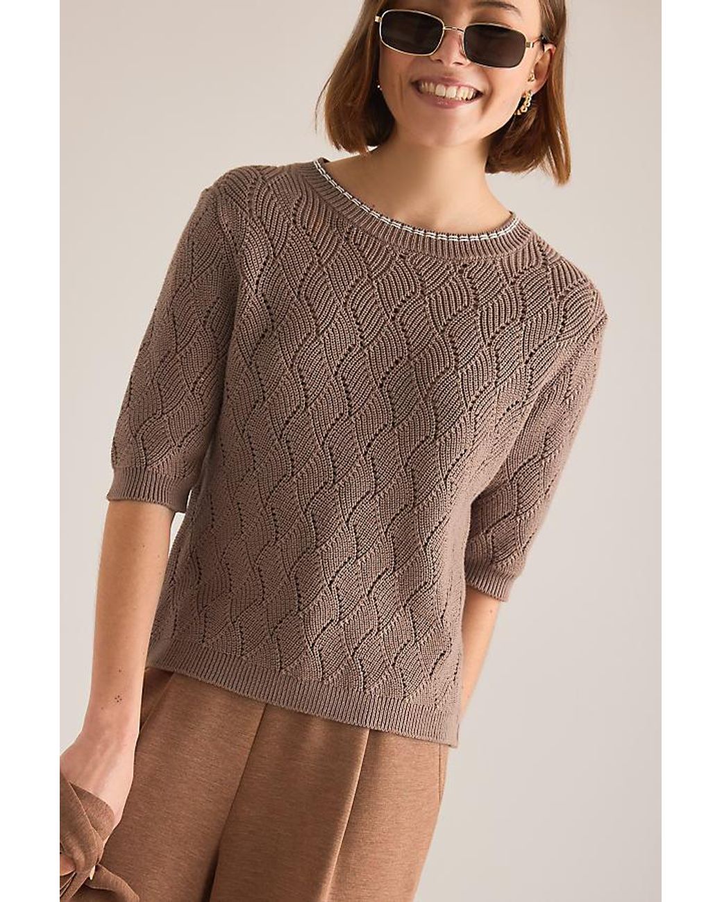 Varley Brown Agathe Pointelle Knit Top