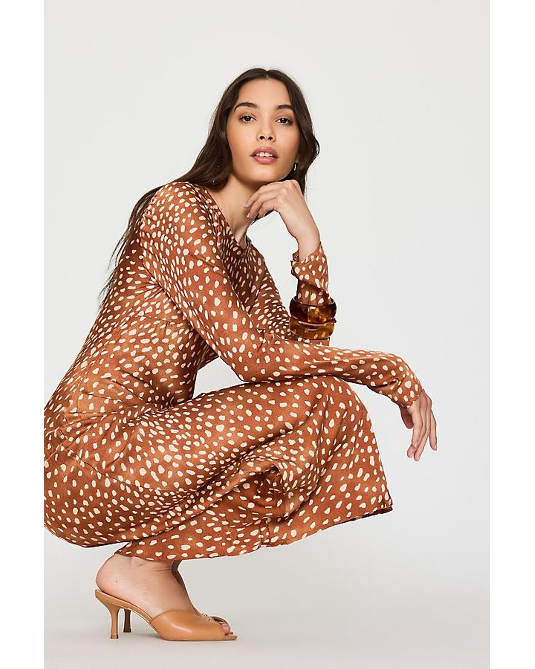 Never Fully Dressed Brown Soho Deer Print Satin Maxi Dress