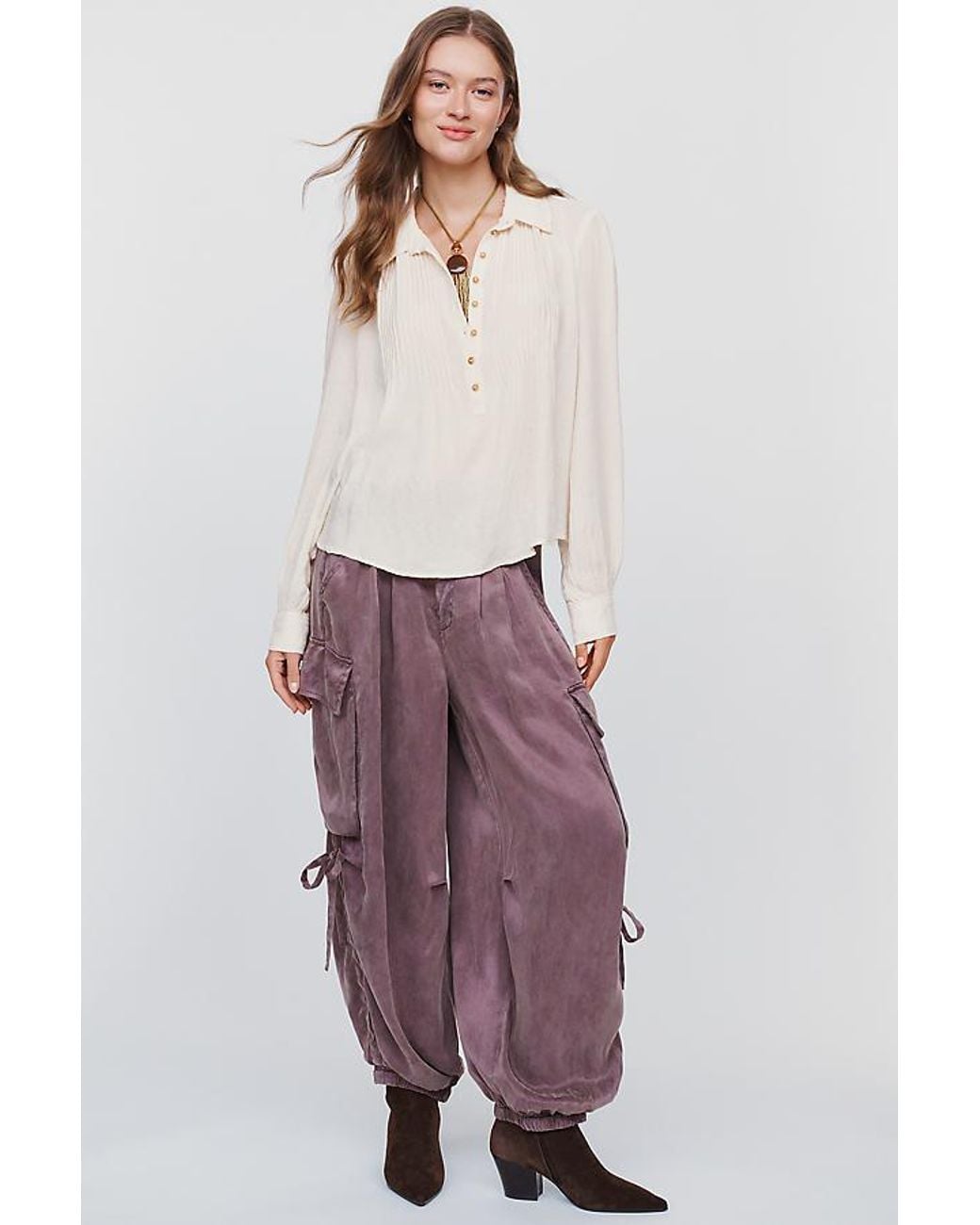 Pilcro White Wool-Blend Pleated Henley Blouse
