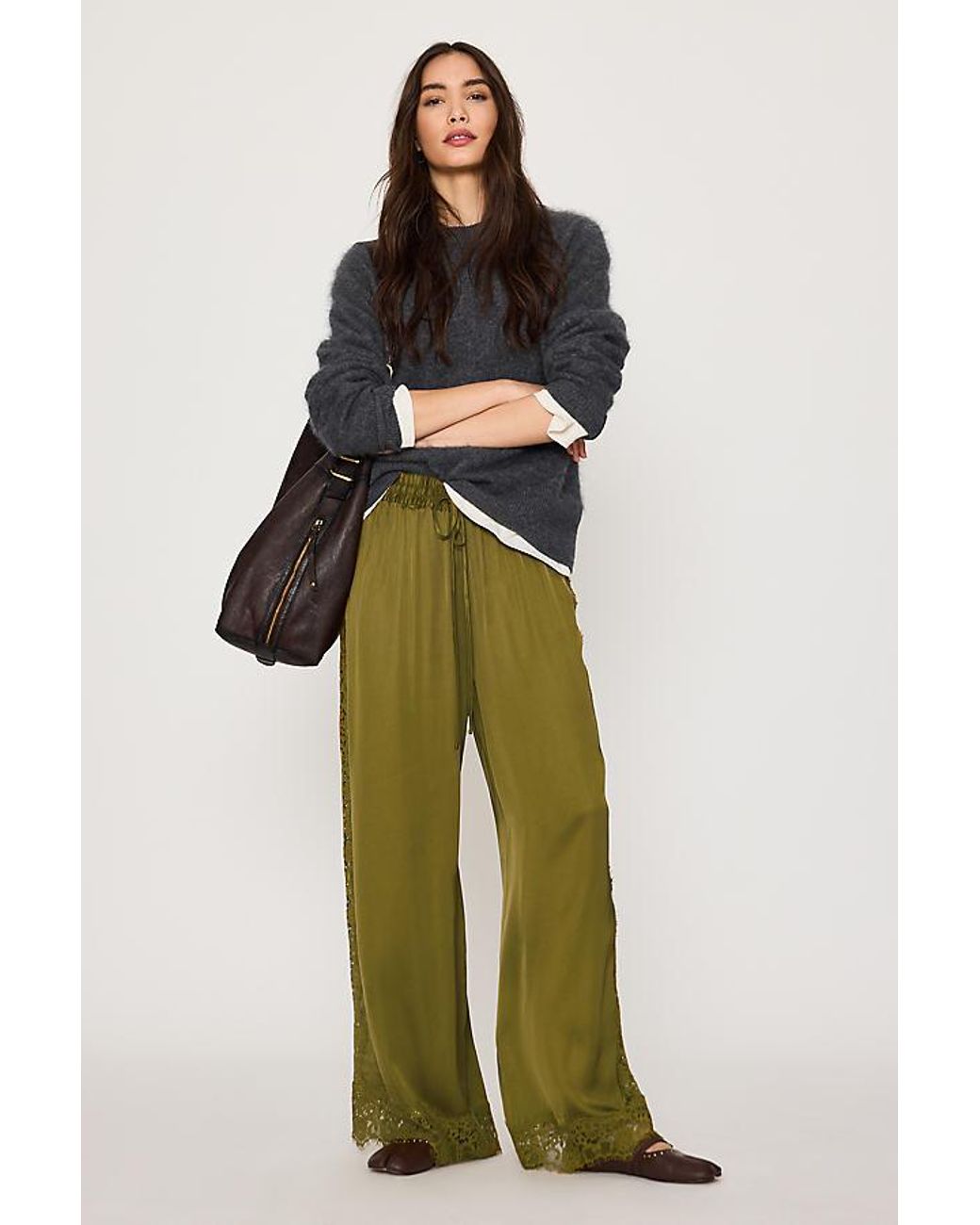 By Anthropologie Green Satin Lace Wide-Leg Trousers
