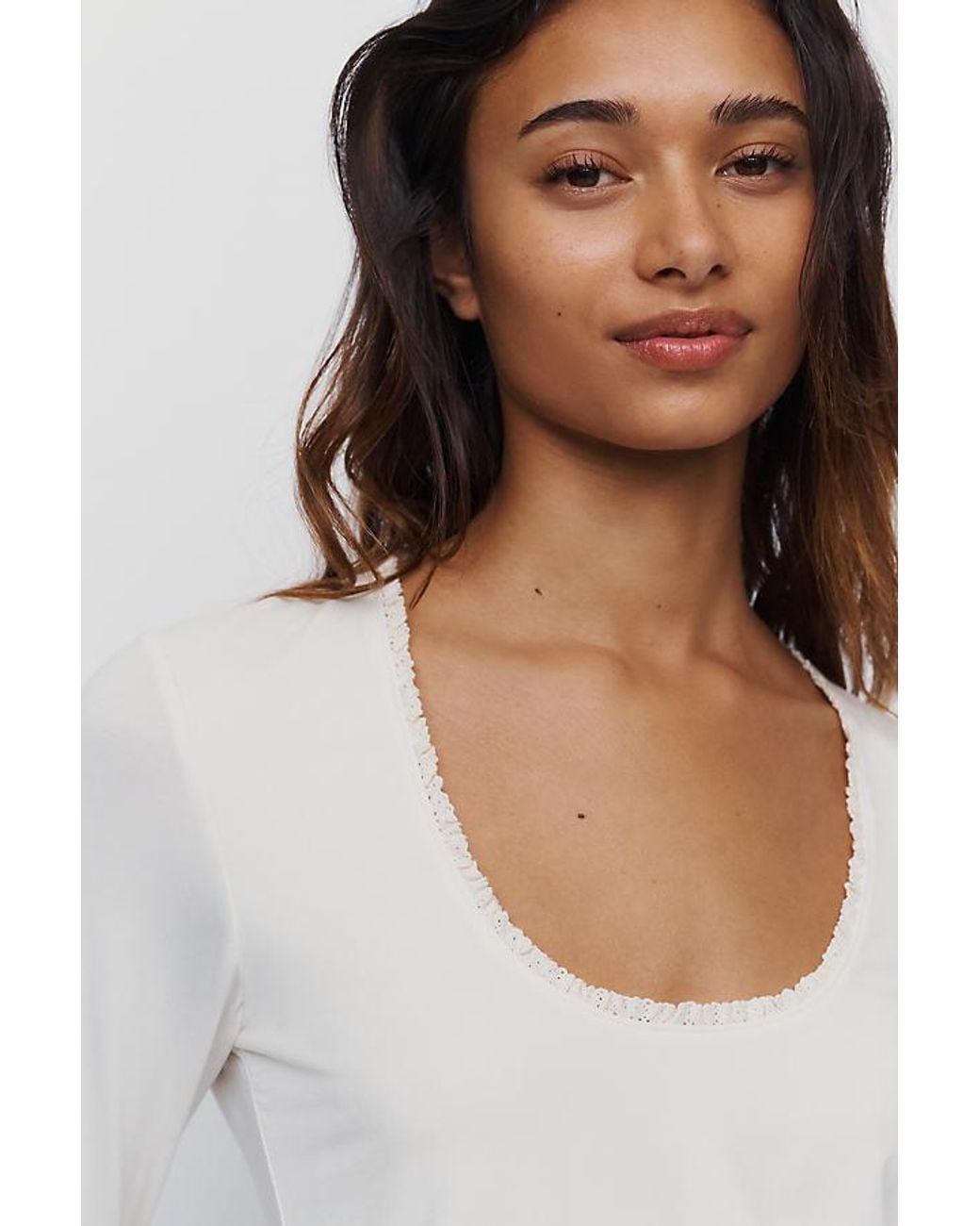 Maeve White Lace-Trim Long-Sleeve Top