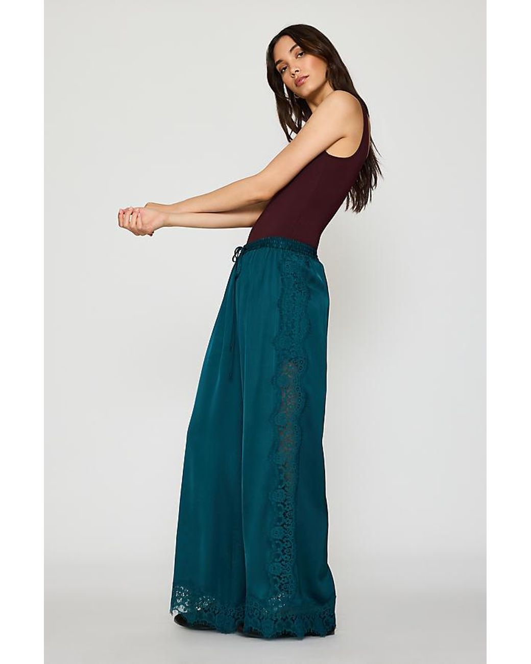 By Anthropologie Blue Satin Lace Wide-Leg Trousers
