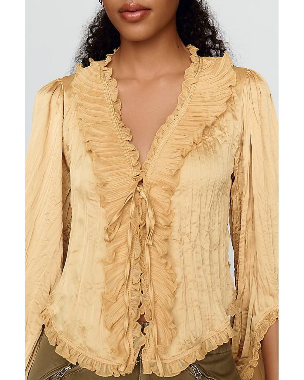 By Anthropologie Natural Mariana Satin Ruffled Tie-Front Blouse