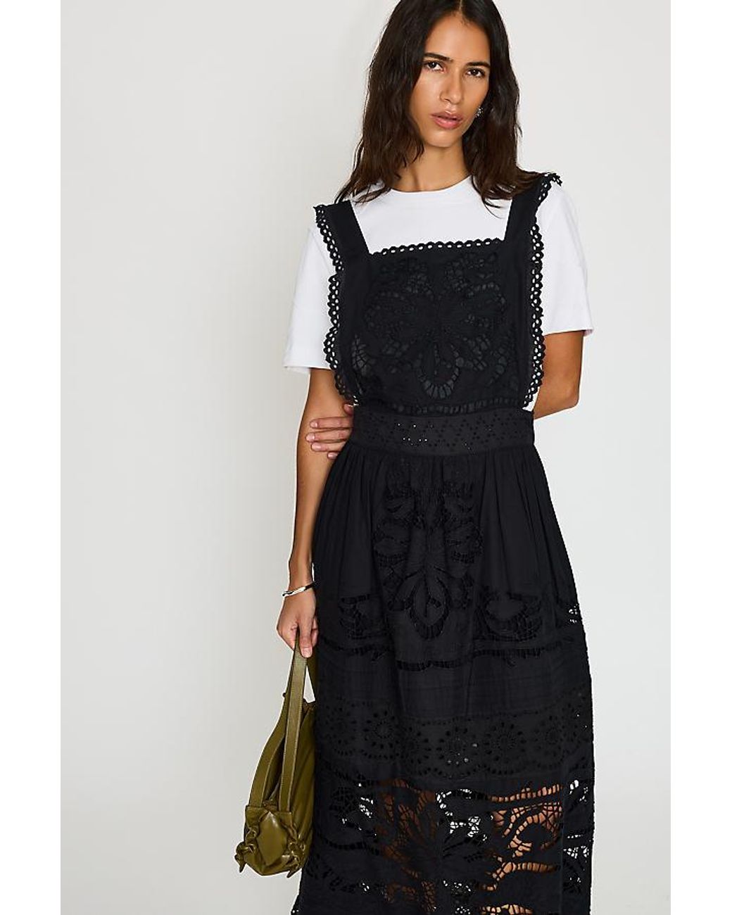Bl-nk Black 100% Cotton Cutwork Midi Pinafore Dress