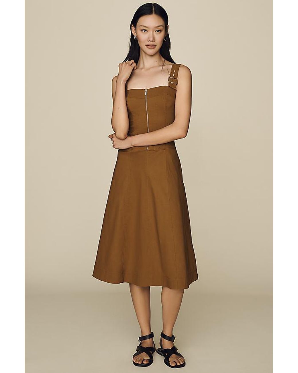 Maeve Natural Hardware A-Line Zip-Front Midi Dress