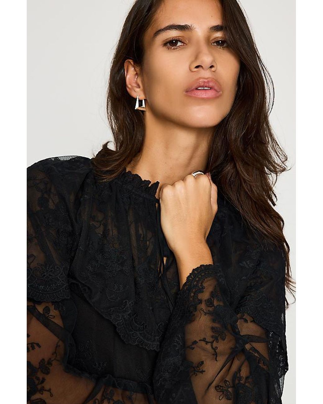 By Anthropologie Black Long-Sleeve Cape Lace Blouse