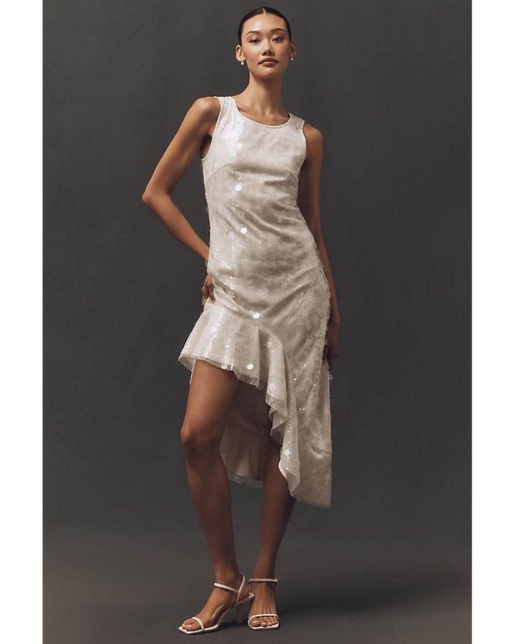 anthropologie silver sequin dress Anthropologie Maeve Sequin One Shoulder Midi Dress Size XL New Silver Finds For You