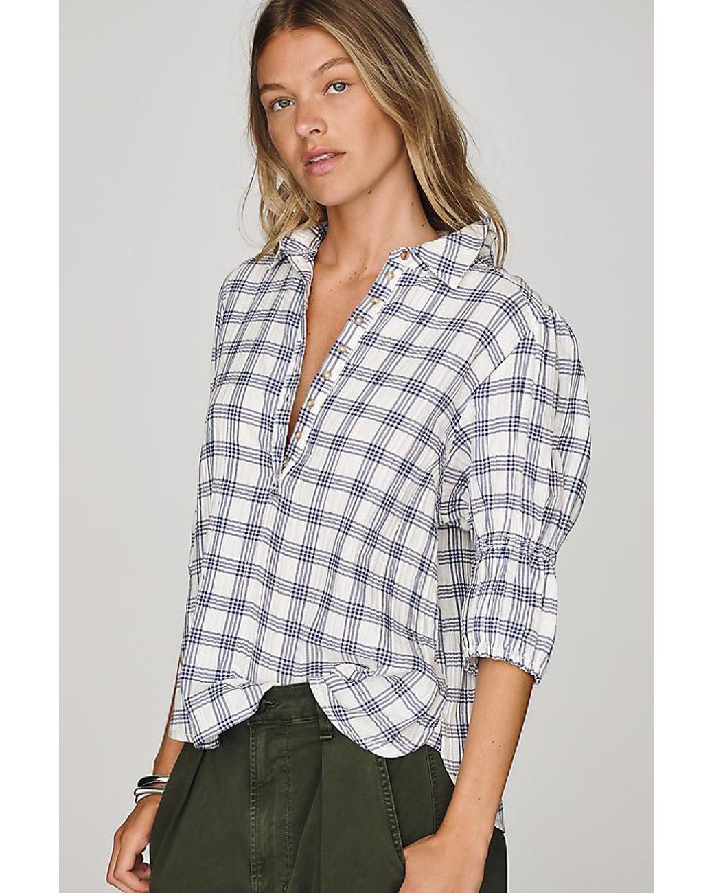 Pilcro Gray Tallulah Puff-Sleeve Buttondown Top