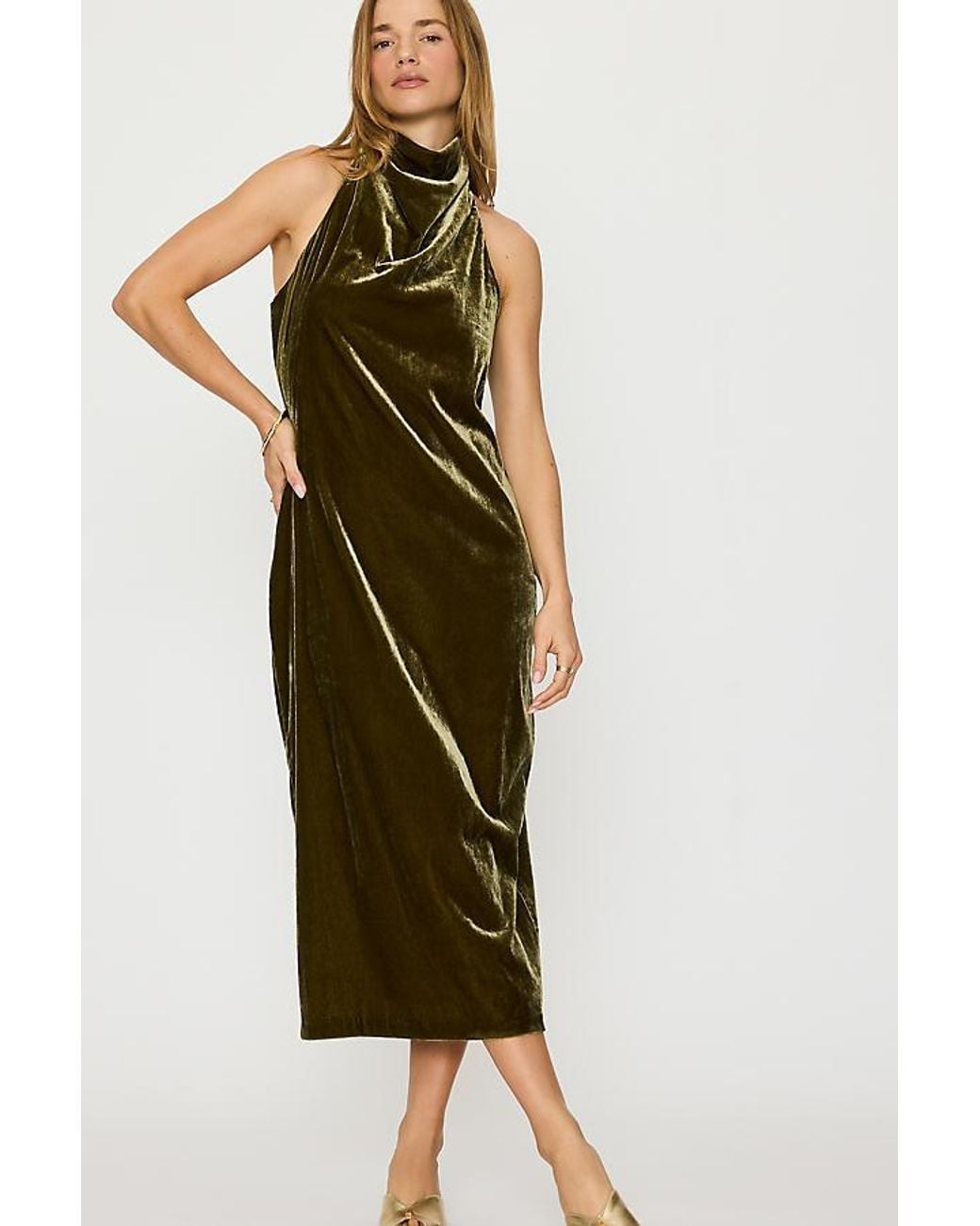 By Anthropologie Green Tallulah Velvet Halter Midi Dress