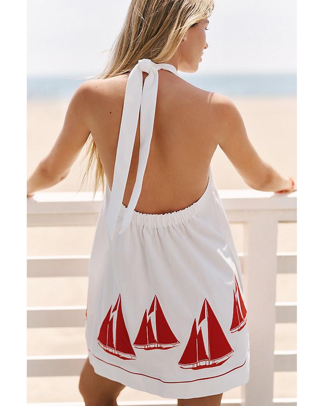 Celandine White Embroidered Sailboat Halter Mini Dress