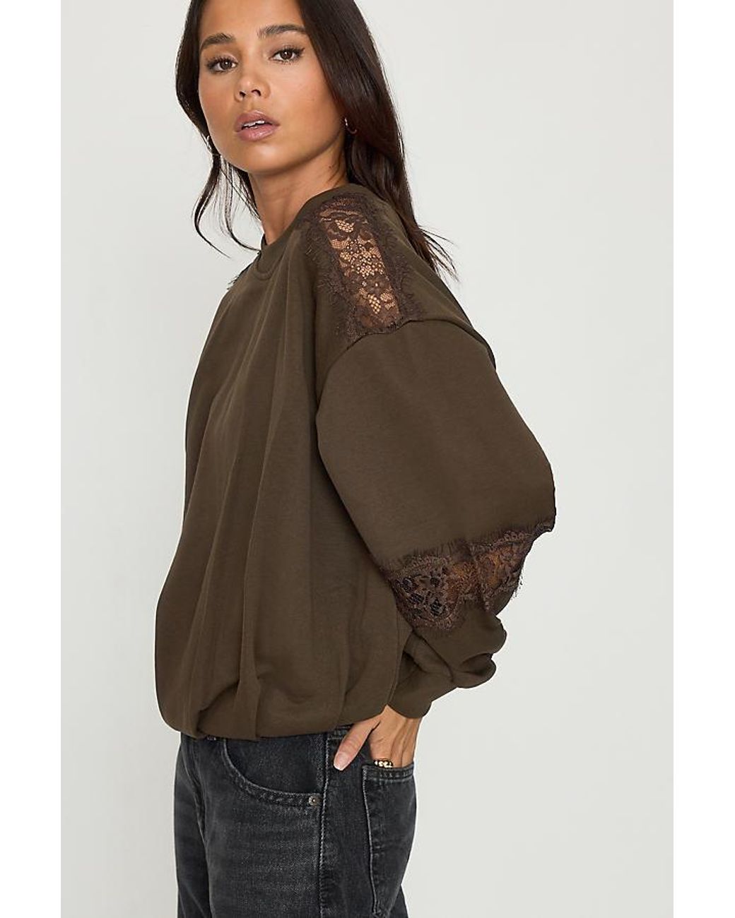 By Anthropologie Brown Lace Trim Sweatshirt