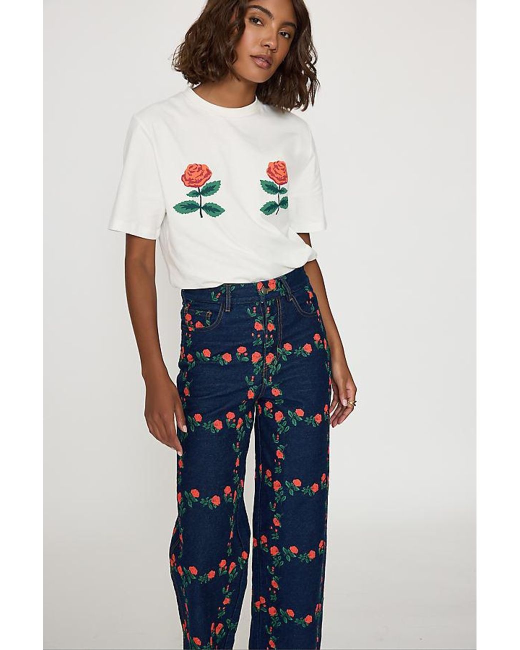 The Tiny Big Sister Blue Floral Embroidered Wide-Leg Jeans
