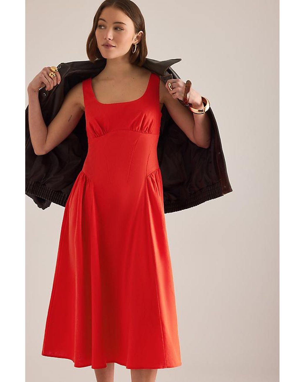 By Anthropologie Red Livy Cotton-Linen Hourglass Midi Dress