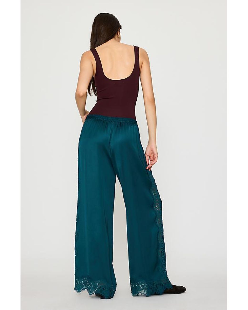 By Anthropologie Blue Satin Lace Wide-Leg Trousers