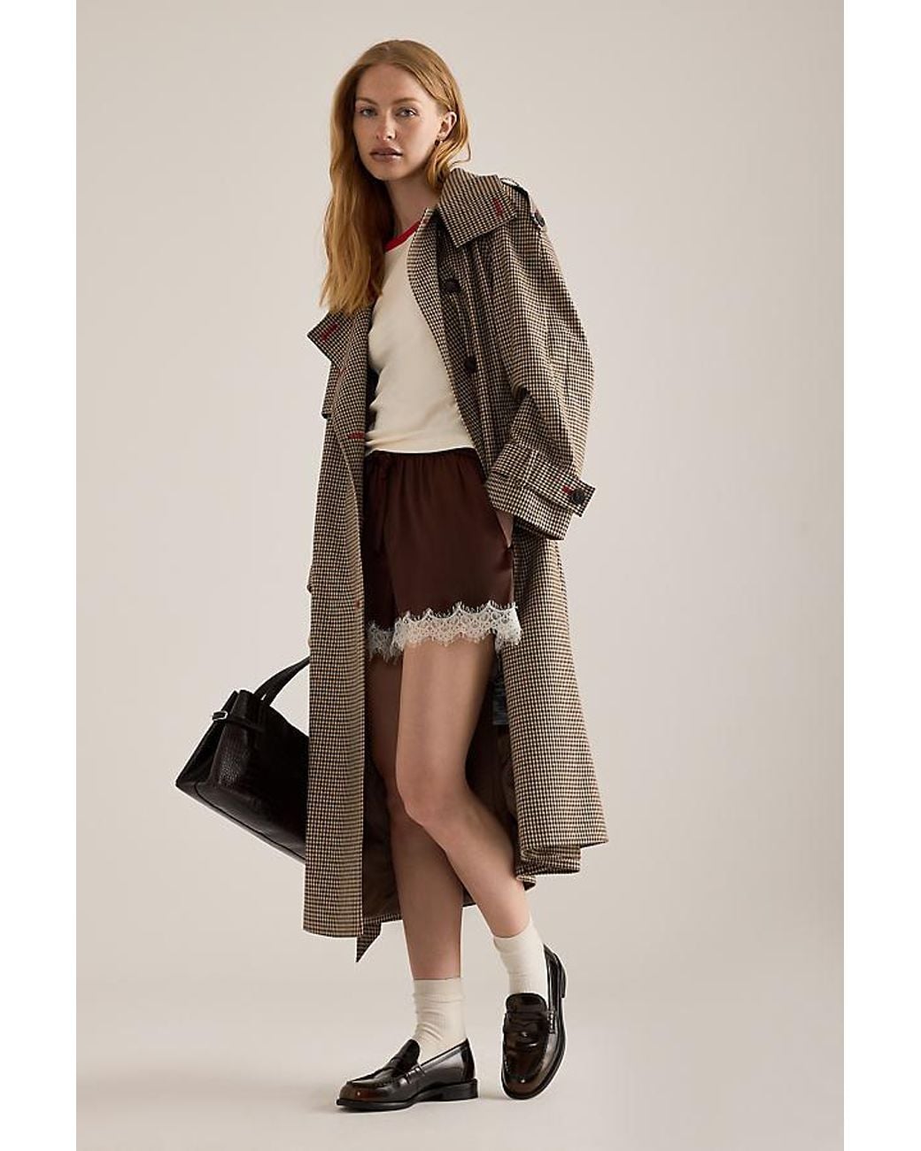 By Anthropologie Natural Lottie Check Maxi Trench Coat